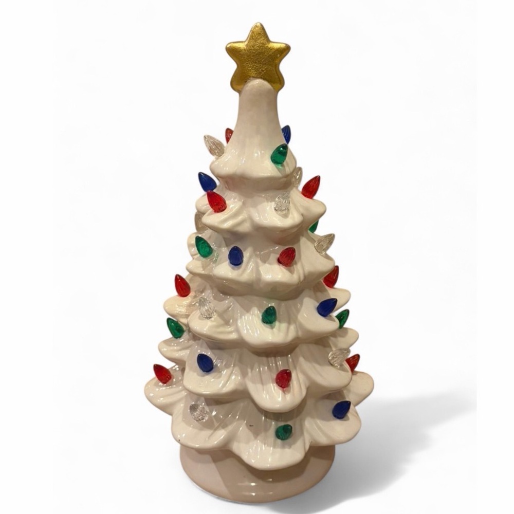 Vintage Tabletop White Glazed Ceramic Christmas Tree Multicolored Light Bulbs